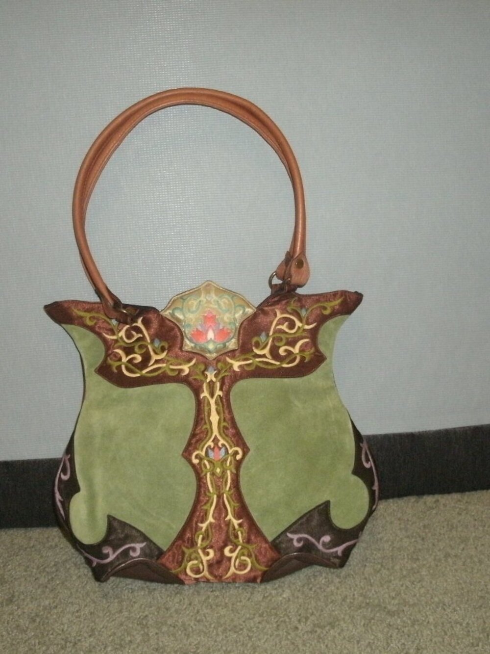 J.L Lane “Crossing Borders” Silk & Leather Embroidered Handbag
